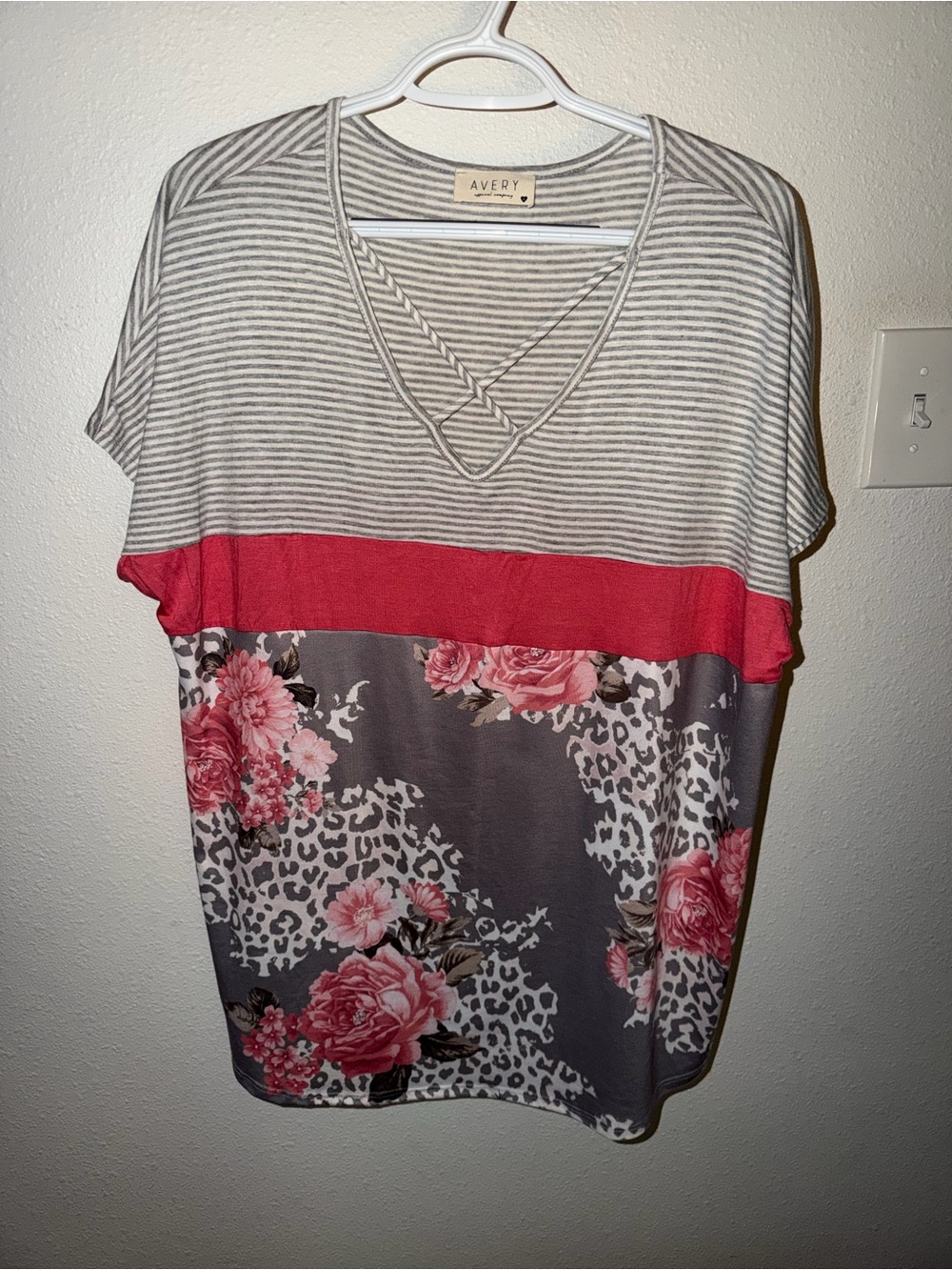 Avery Gray Striped Top with Coral Band & Pink Floral Panel NWOT